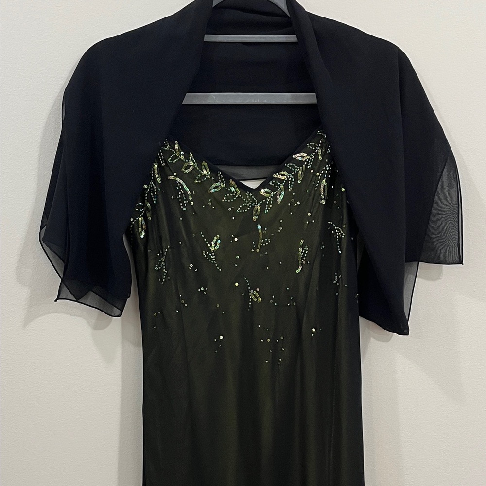 Xscape Black and Lime Green Sequin Dress